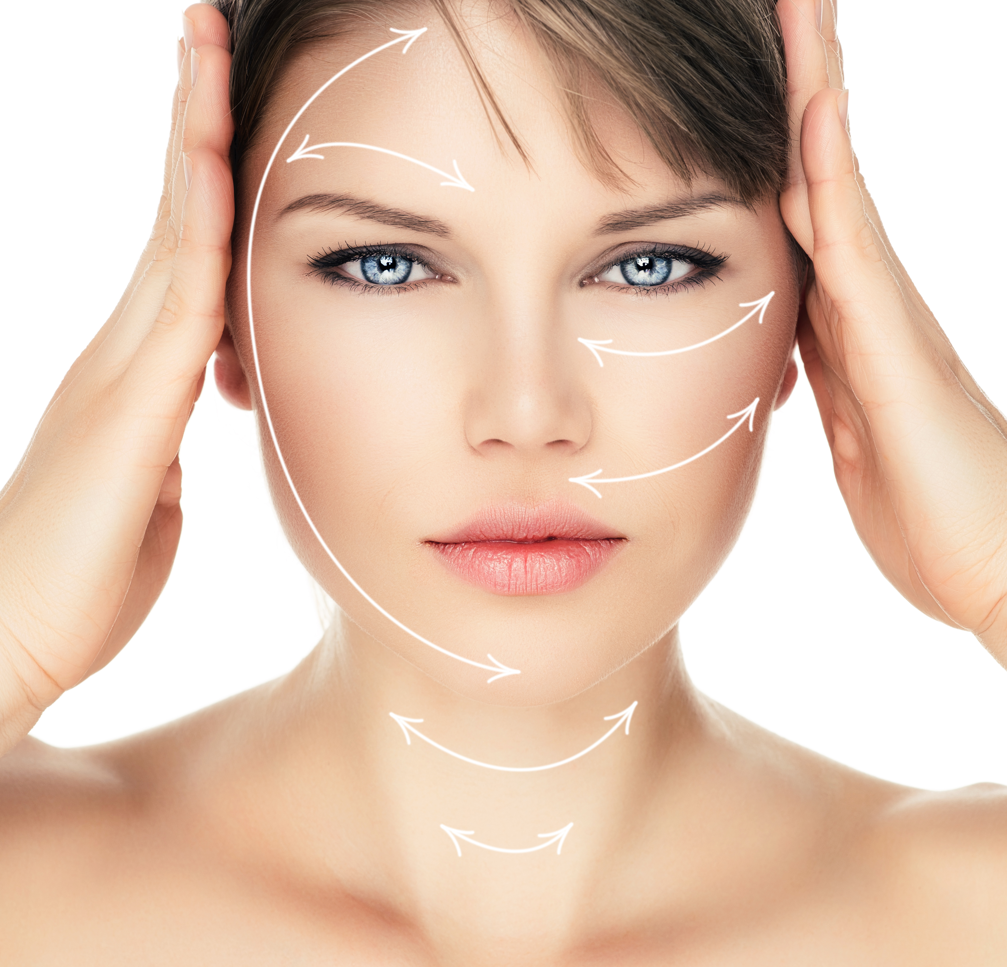 Laser therapy on pretty woman face over white background. Young attractive Caucasian female ready for cosmetic operation.